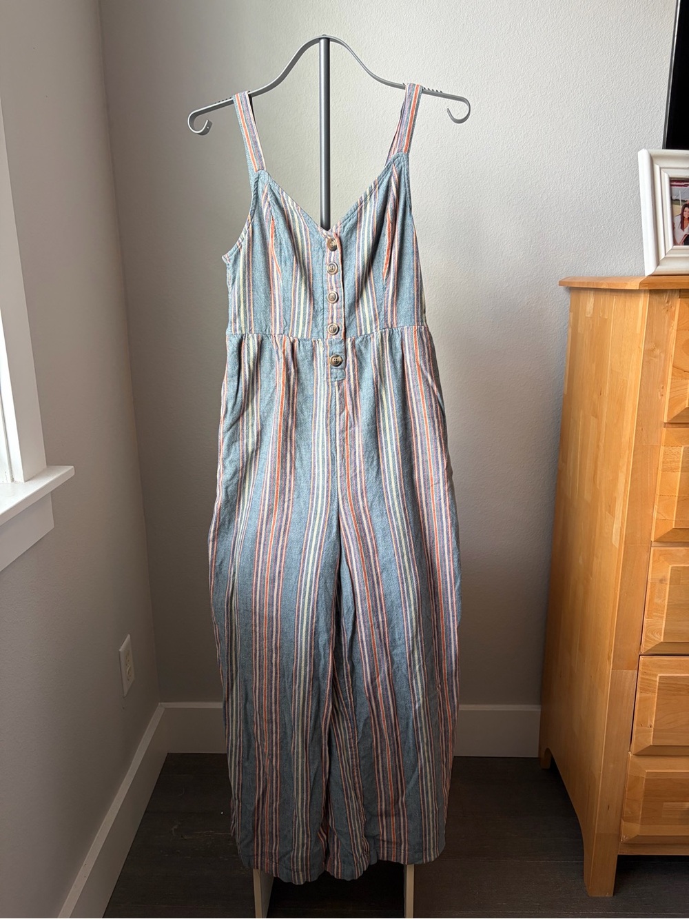 American Eagle Outfitters Striped Blue & Pink Button-Front Jumpsuit